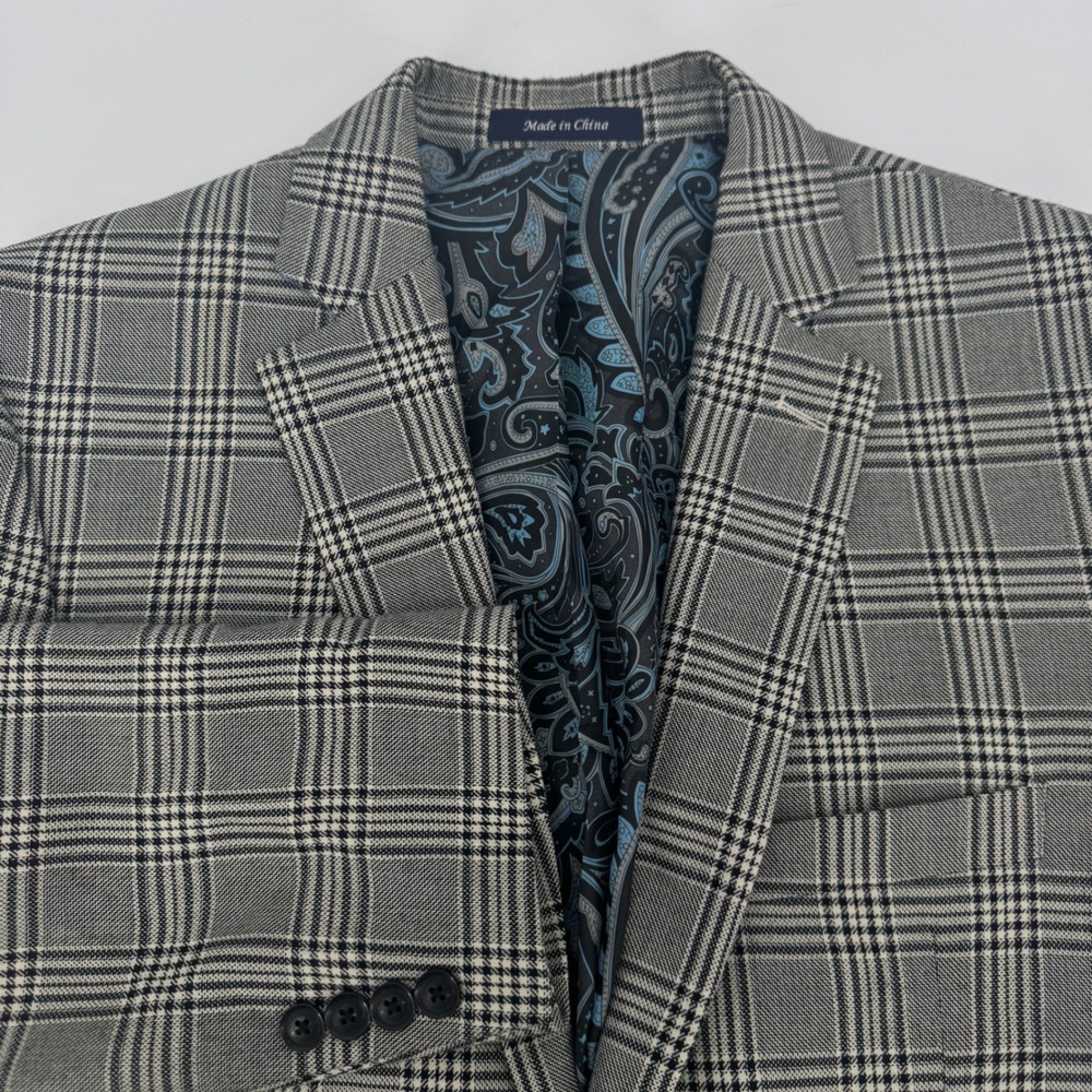 Alan Flusser Men Grey Black Glen Plaid Two Button Blazer Sport Coat 40R Paisley